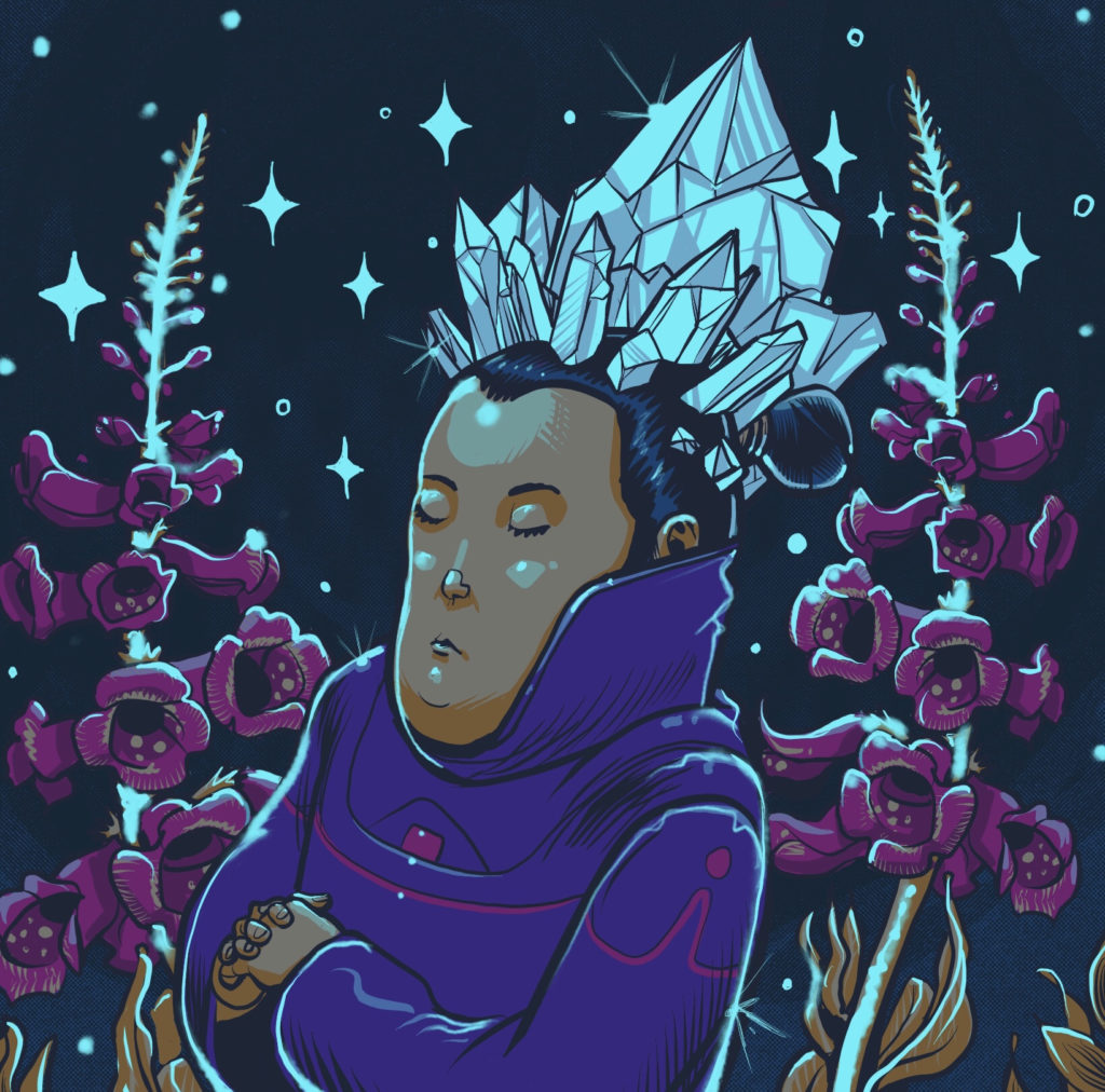 A meditating person with crystals growing out of their head. They are surrounded by orchids.