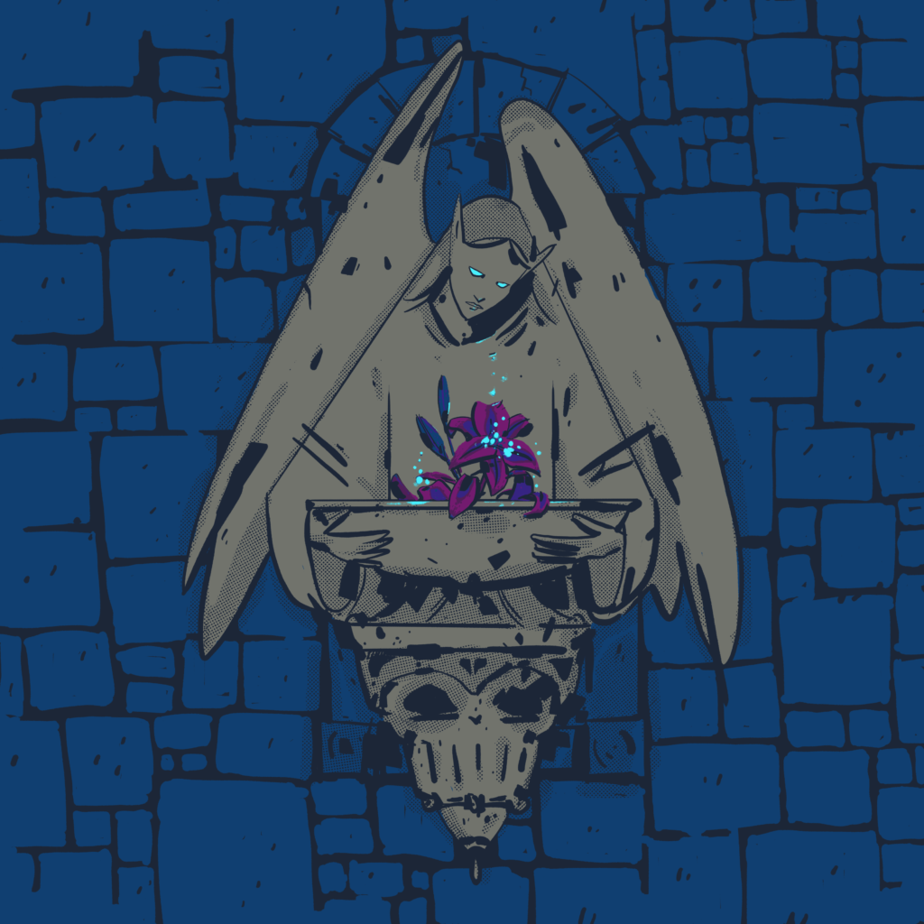 A fountain in a wall. The wall is blue. The fountain is grey and is of an angel looking down at a purple flower.